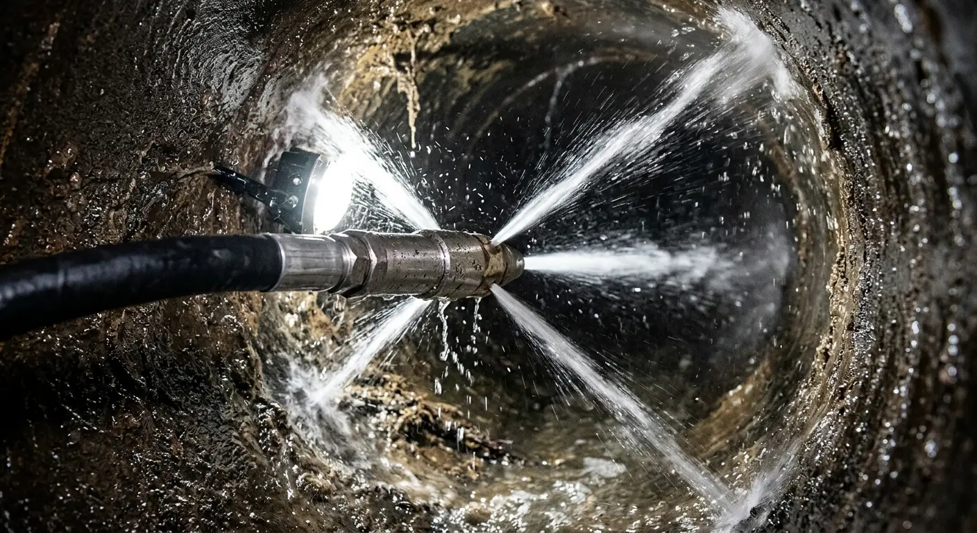 High-pressure hydro jetting nozzle cleaning sewer pipe for Sewer Cleanout in Moberly