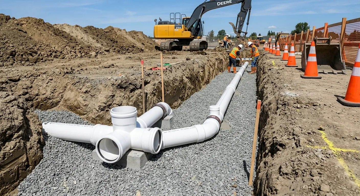 New PVC sewer pipe installation in open trench for Sewer Backup in Moberly