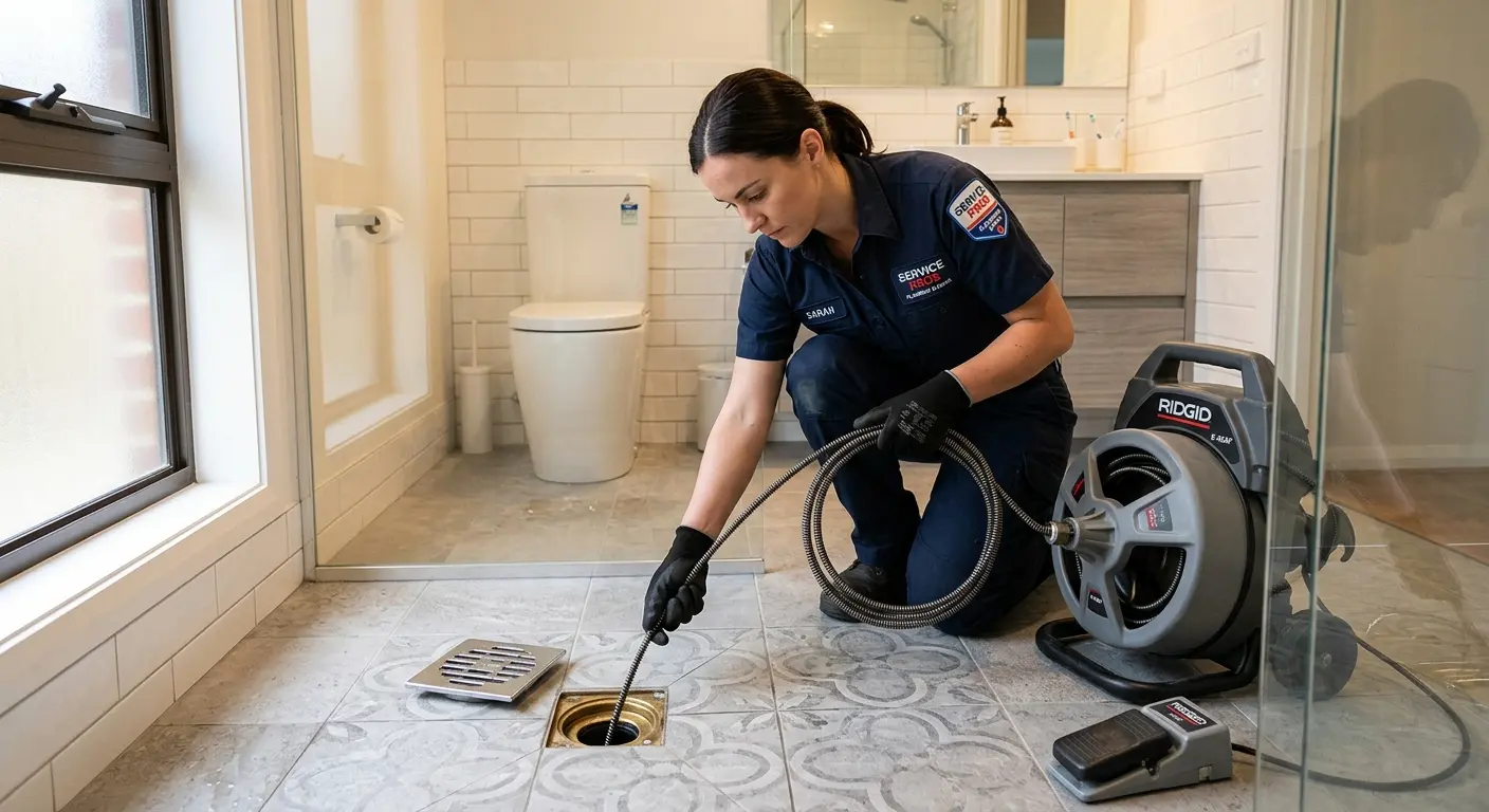 Technician clearing a bathroom floor drain for Sewer Line Replacement in Moberly